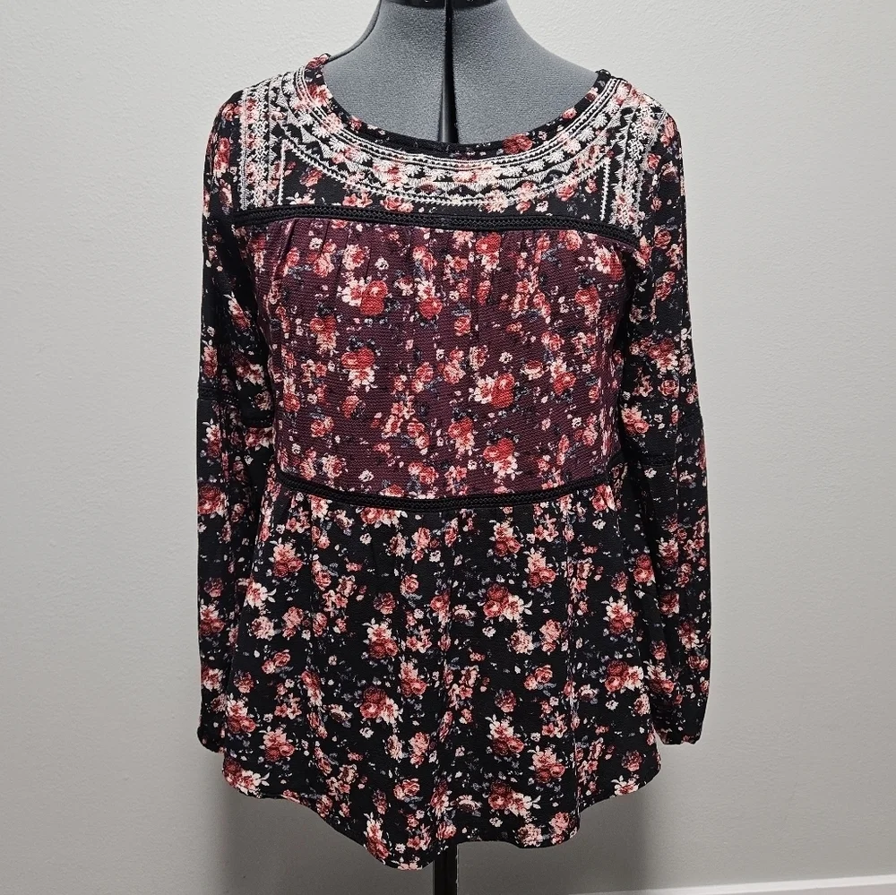 Knox Rose Floral Embroidered Tiered Relaxed Fit Peasant Top Blouse Womens Small - Picture 4 of 12